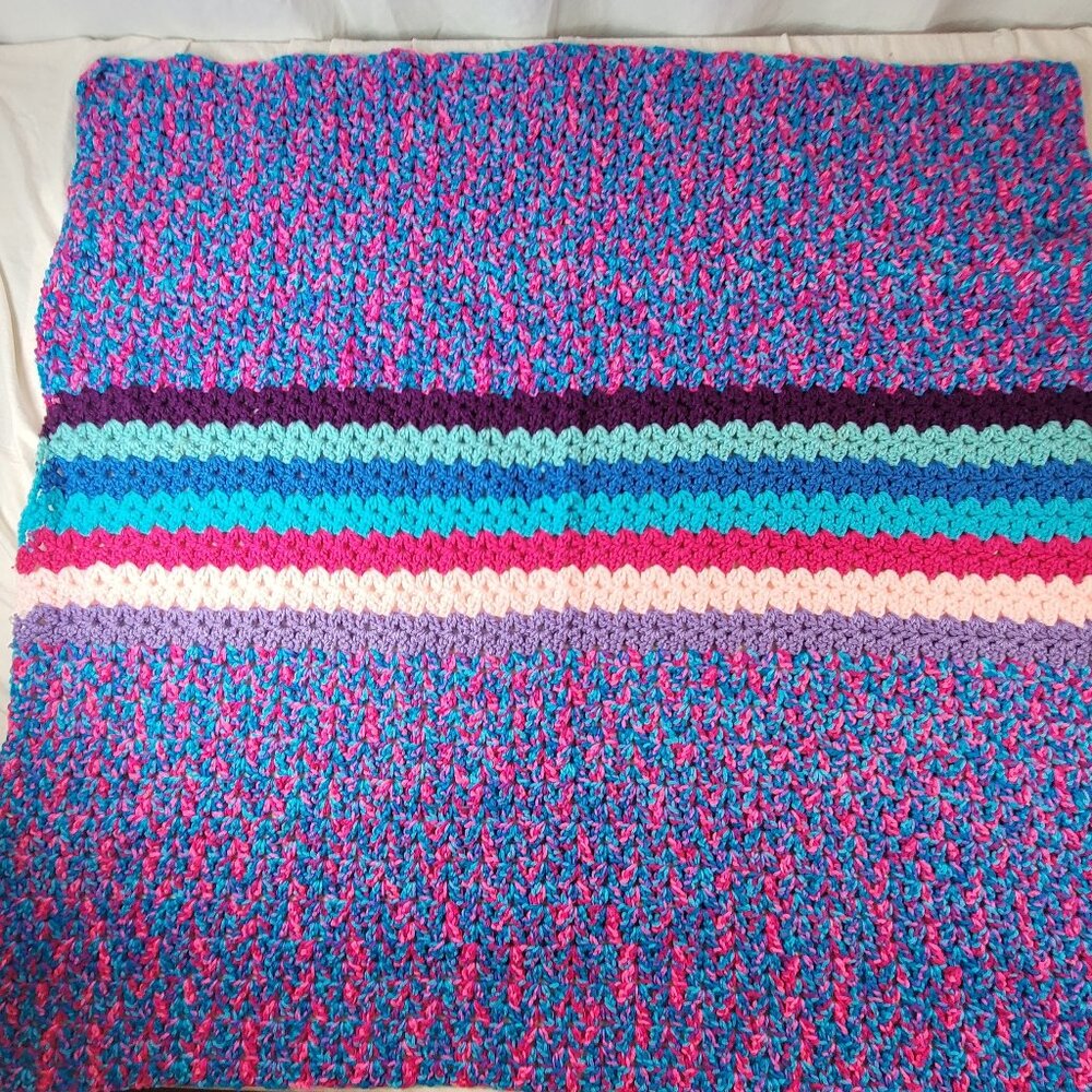 Handmade Crochet Knit Baby/Lap/Throw Blanket Purple/Pink/Blue 35x35